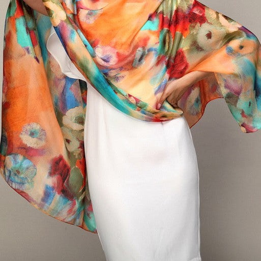 Orange & Aqua Design Silk Scarf - Natural Mulberry Silk