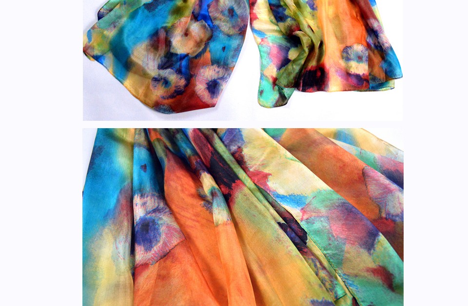 Orange & Aqua Design Silk Scarf - Natural Mulberry Silk