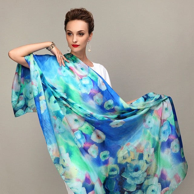 Blue & Green Design Silk Scarf - Natural Mulberry Silk