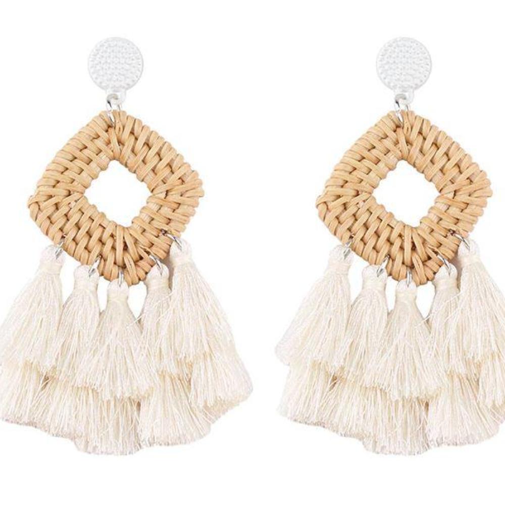 Rattan Drop Tassel Earrings (Cream)