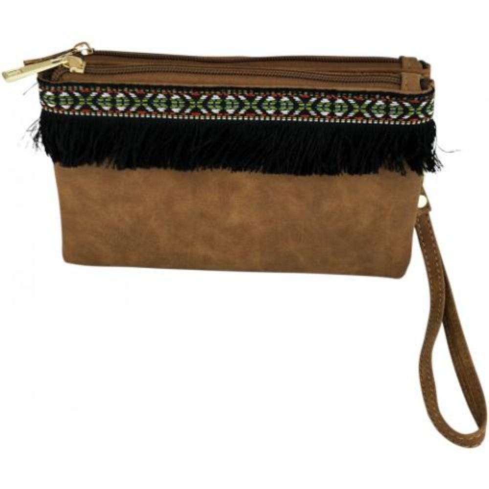 Tan Double Clutch Bag with Fringe Detail